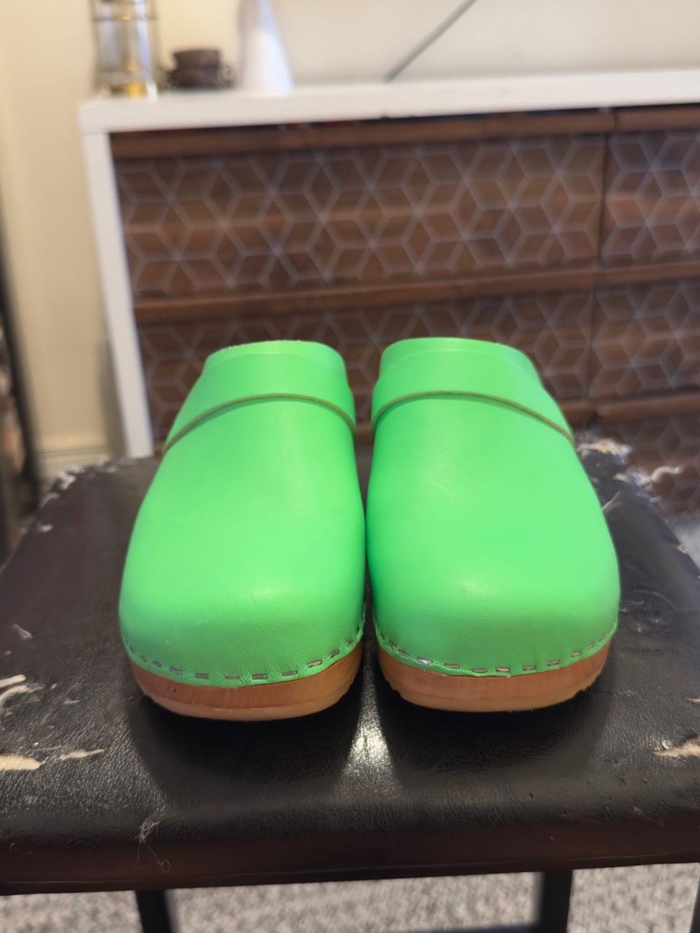 Swedish Hasbeens Neon Green Leather Clogs